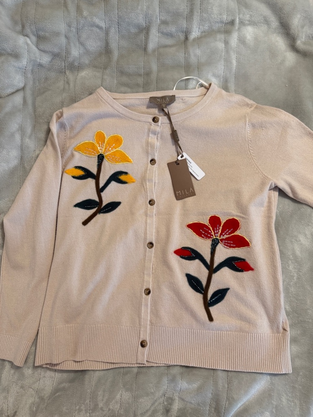 Milano Light Blush Cardigan with Yellow and Red Floral Appliqués